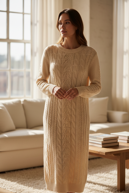 woman wear Women's Bella Round Neck Cable Cashmere Dress Oatmeal